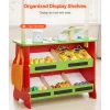 VEVOR Wooden Puppet Theater with Curtains, 2-in-1 Reversible Play Store, Double-Sided Grocery Store Playset with Chalkboard & Cash Register, Kids Pretend Play Market Stand, Gift for Boys & Girls