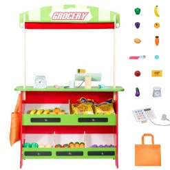 VEVOR Wooden Puppet Theater with Curtains, 2-in-1 Reversible Play Store, Double-Sided Grocery Store Playset with Chalkboard & Cash Register, Kids Pretend Play Market Stand, Gift for Boys & Girls
