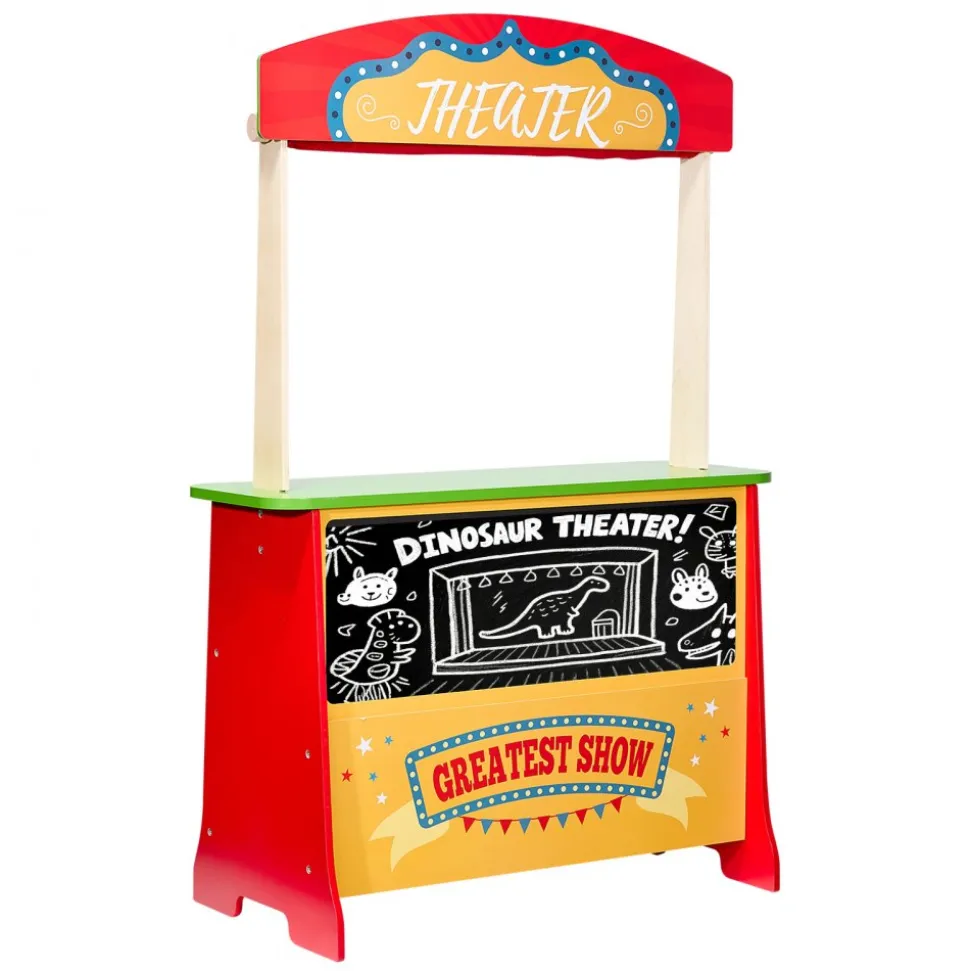 VEVOR Wooden Puppet Theater with Curtains, 2-in-1 Reversible Play Store, Double-Sided Grocery Store Playset with Chalkboard & Cash Register, Kids Pretend Play Market Stand, Gift for Boys & Girls