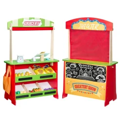 VEVOR Wooden Puppet Theater with Curtains, 2-in-1 Reversible Play Store, Double-Sided Grocery Store Playset with Chalkboard & Cash Register, Kids Pretend Play Market Stand, Gift for Boys & Girls