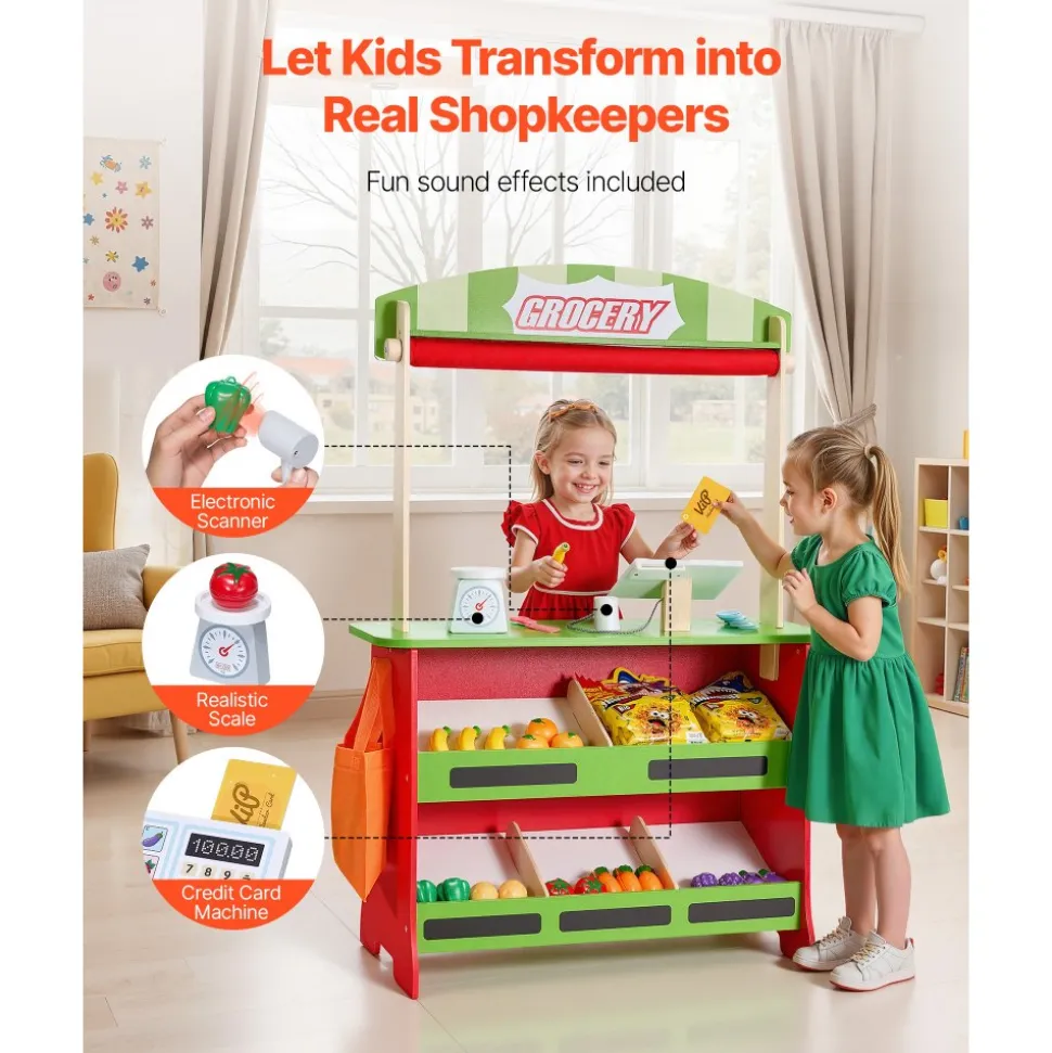 VEVOR Wooden Puppet Theater with Curtains, 2-in-1 Reversible Play Store, Double-Sided Grocery Store Playset with Chalkboard & Cash Register, Kids Pretend Play Market Stand, Gift for Boys & Girls