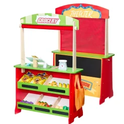 VEVOR Wooden Puppet Theater with Curtains, 2-in-1 Reversible Play Store, Double-Sided Grocery Store Playset with Chalkboard & Cash Register, Kids Pretend Play Market Stand, Gift for Boys & Girls