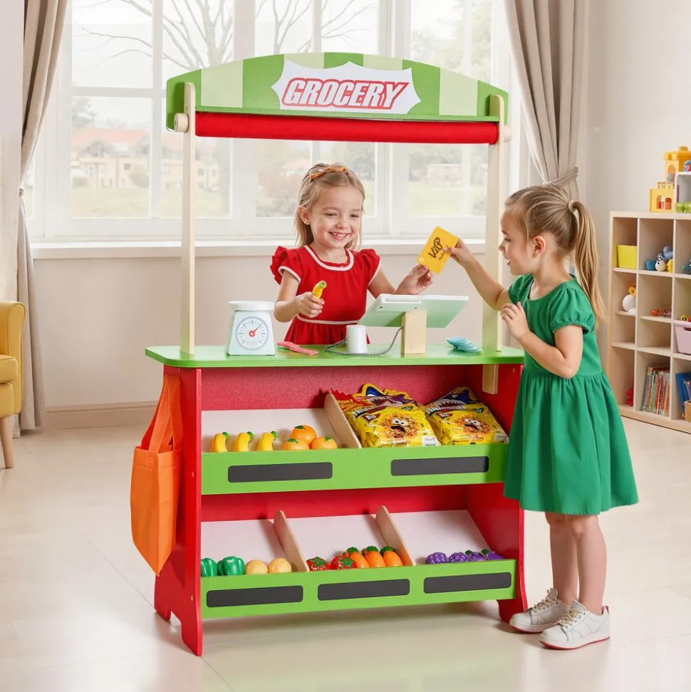 VEVOR Wooden Puppet Theater with Curtains, 2-in-1 Reversible Play Store, Double-Sided Grocery Store Playset with Chalkboard & Cash Register, Kids Pretend Play Market Stand, Gift for Boys & Girls