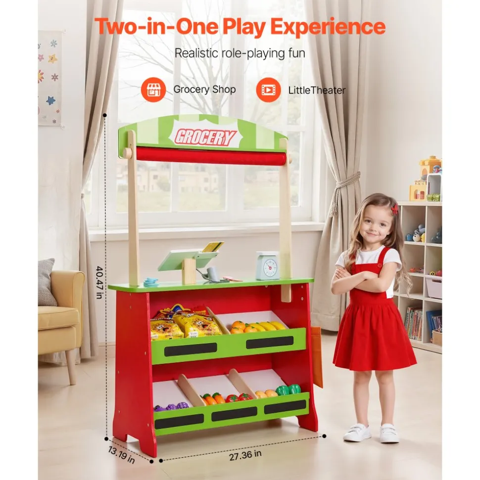 VEVOR Wooden Puppet Theater with Curtains, 2-in-1 Reversible Play Store, Double-Sided Grocery Store Playset with Chalkboard & Cash Register, Kids Pretend Play Market Stand, Gift for Boys & Girls