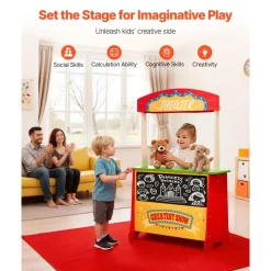 VEVOR Wooden Puppet Theater with Curtains, 2-in-1 Reversible Play Store, Double-Sided Grocery Store Playset with Chalkboard & Cash Register, Kids Pretend Play Market Stand, Gift for Boys & Girls
