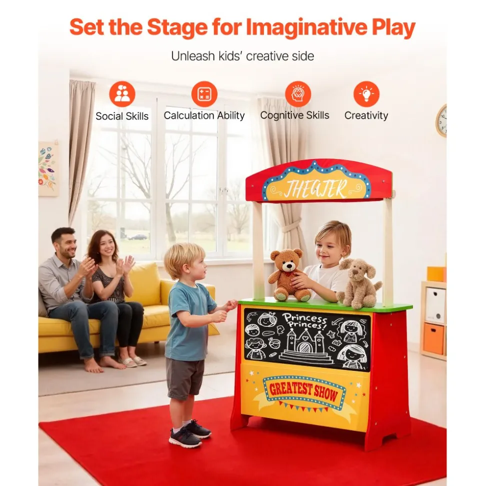 VEVOR Wooden Puppet Theater with Curtains, 2-in-1 Reversible Play Store, Double-Sided Grocery Store Playset with Chalkboard & Cash Register, Kids Pretend Play Market Stand, Gift for Boys & Girls