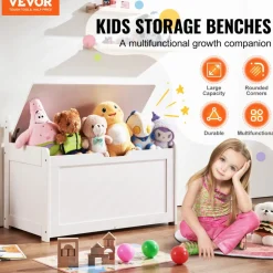 VEVOR Wooden Toy Chest for Kids, Toddler Toy Storage Box with Flip-Top Lid and Safety Hinge, 32.68 x 17.91 x 24.02" Large Kids Storage Bench for Playroom, Bedroom, Living Room or Entryway, White