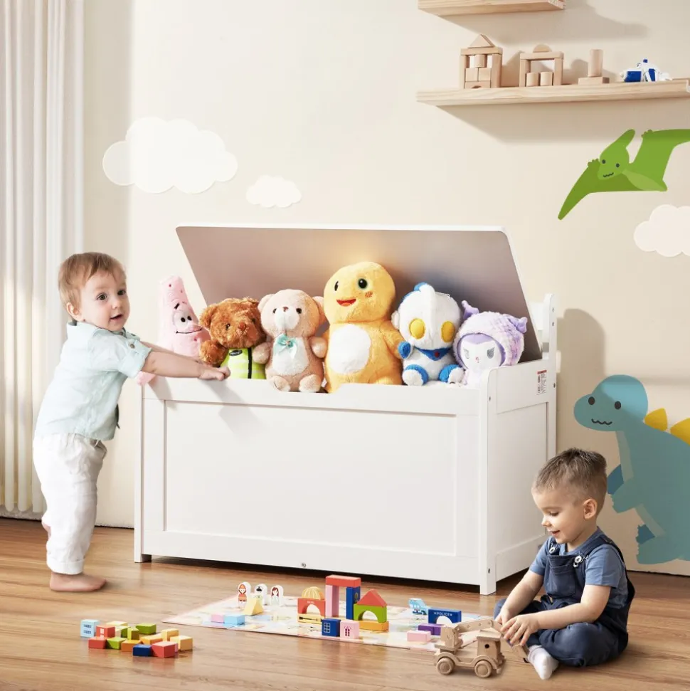 VEVOR Wooden Toy Chest for Kids, Toddler Toy Storage Box with Flip-Top Lid and Safety Hinge, 32.68 x 17.91 x 24.02" Large Kids Storage Bench for Playroom, Bedroom, Living Room or Entryway, White