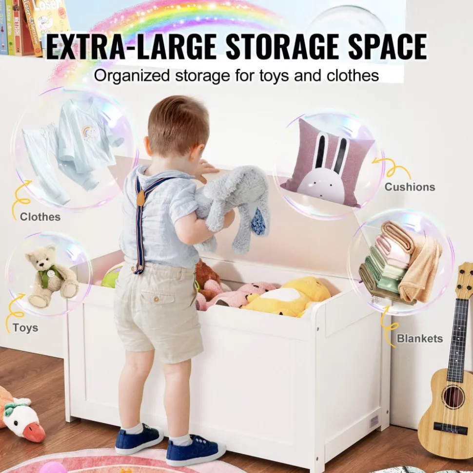 VEVOR Wooden Toy Chest for Kids, Toddler Toy Storage Box with Flip-Top Lid and Safety Hinge, 32.68 x 17.91 x 24.02" Large Kids Storage Bench for Playroom, Bedroom, Living Room or Entryway, White