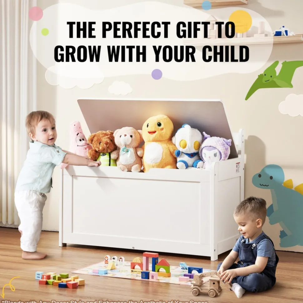 VEVOR Wooden Toy Chest for Kids, Toddler Toy Storage Box with Flip-Top Lid and Safety Hinge, 32.68 x 17.91 x 24.02" Large Kids Storage Bench for Playroom, Bedroom, Living Room or Entryway, White