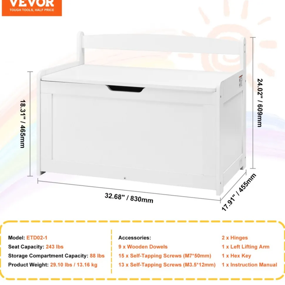 VEVOR Wooden Toy Chest for Kids, Toddler Toy Storage Box with Flip-Top Lid and Safety Hinge, 32.68 x 17.91 x 24.02" Large Kids Storage Bench for Playroom, Bedroom, Living Room or Entryway, White