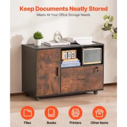 VEVOR Wood File Cabinet, Mobile Filing Cabinet with Open Shelves, Lockable Lateral Rolling File Storage with Adjustable Shelves, Free Standing Printer Stand for Home, Office, School, Rustic Brown