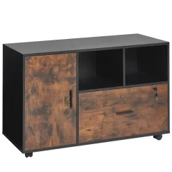VEVOR Wood File Cabinet, Mobile Filing Cabinet with Open Shelves, Lockable Lateral Rolling File Storage with Adjustable Shelves, Free Standing Printer Stand for Home, Office, School, Rustic Brown