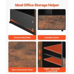 VEVOR Wood File Cabinet, Mobile Filing Cabinet with Open Shelves, Lockable Lateral Rolling File Storage with Adjustable Shelves, Free Standing Printer Stand for Home, Office, School, Rustic Brown
