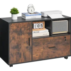 VEVOR Wood File Cabinet, Mobile Filing Cabinet with Open Shelves, Lockable Lateral Rolling File Storage with Adjustable Shelves, Free Standing Printer Stand for Home, Office, School, Rustic Brown