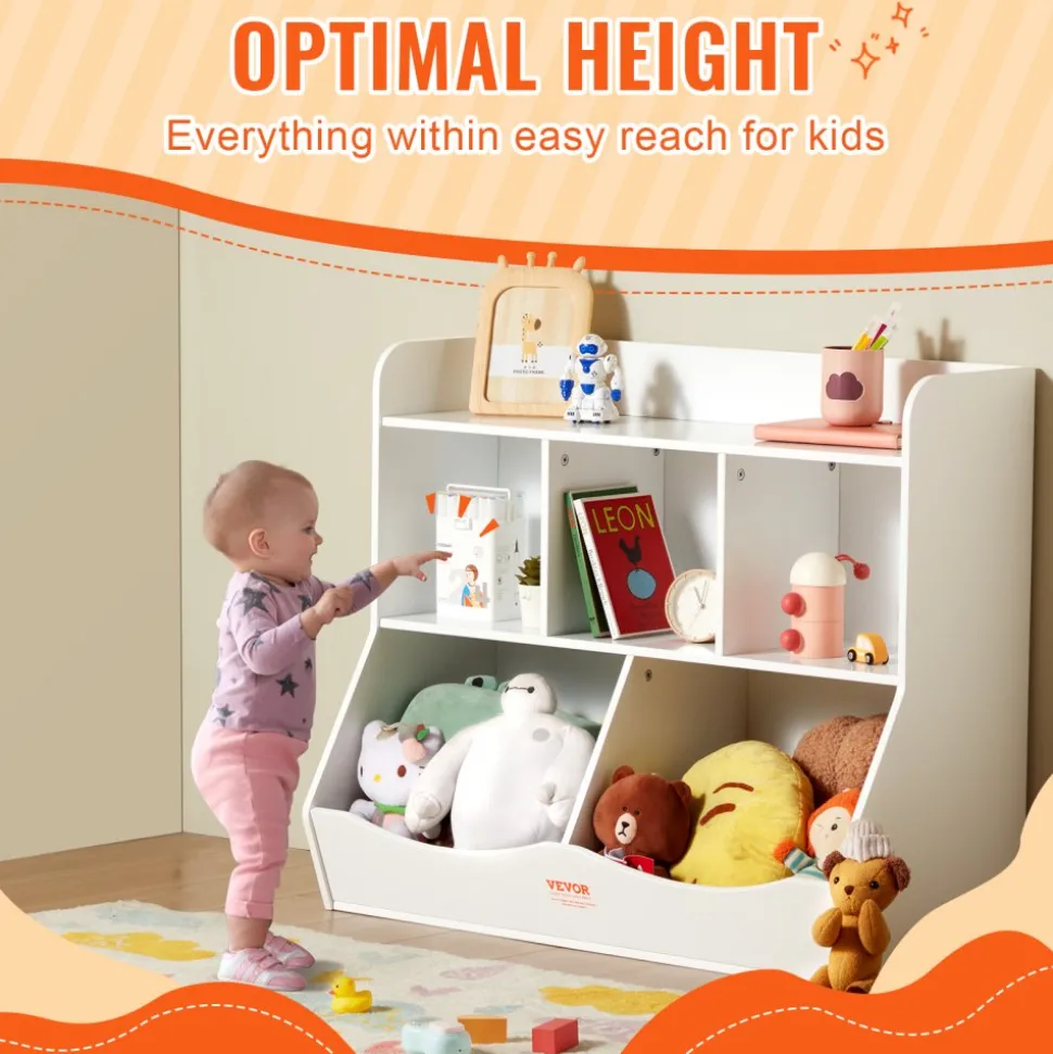 VEVOR Wood Kid Storage Cubby, Toy Storage Organizer with Bookshelf, 5-Cubby Wood Toy Storage Cabinet, Children Book Toy Shelf for Kids Room, Playroom, Kindergarten, Nursery, White
