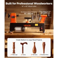 VEVOR Wood Lathe 3/4 HP 12" x 18" Benchtop Wood Lathe Machine 5 Speeds, 780/1320/1920/2640/3840 RPM, with Tool Rest, Wrenches, Faceplate, Heavy Duty, for Beginner Professional Woodworking, Woodturning