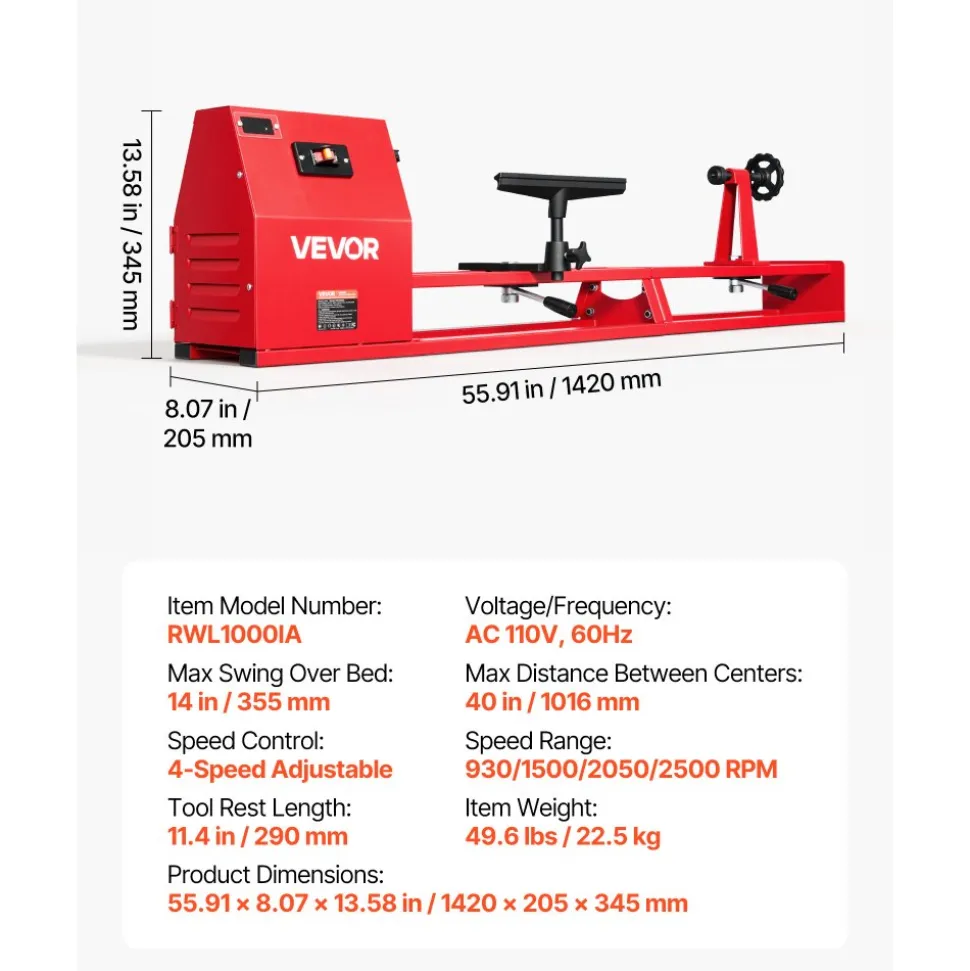 VEVOR Wood Lathe 1/2 HP 14" x 40" Benchtop Wood Lathe Machine 4 Speeds, 930/1500/2050/2500 RPM, with Tool Rest, Wrenches, Faceplate, Heavy Duty, for Beginner Professional Woodworking, Woodturning