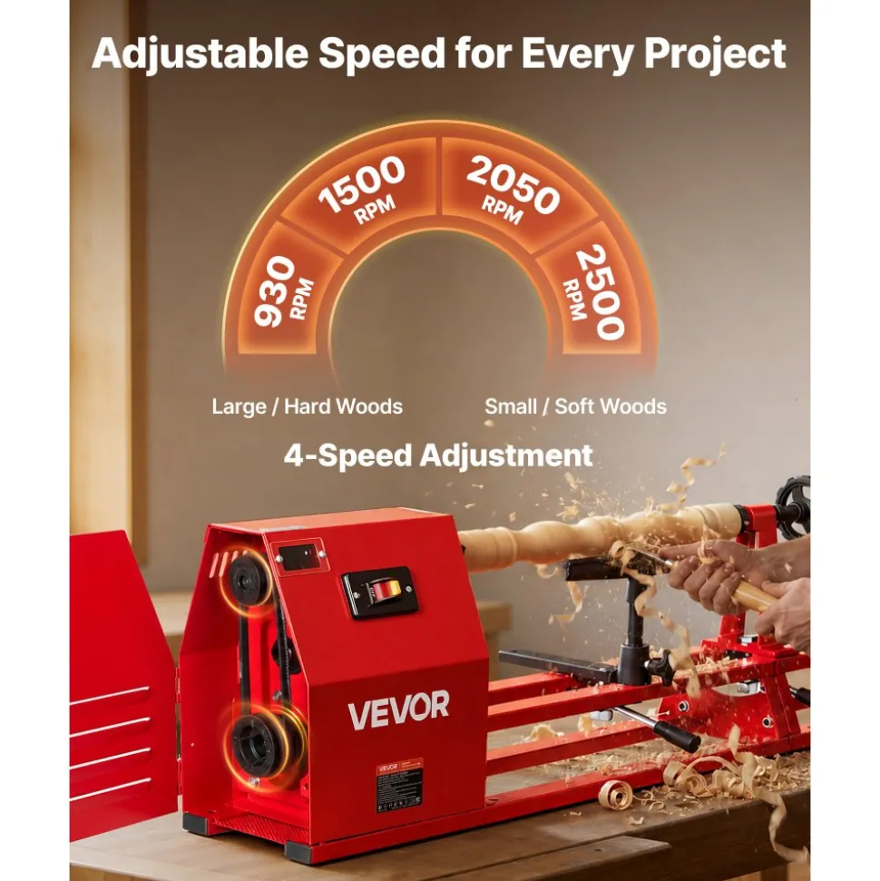 VEVOR Wood Lathe 1/2 HP 14" x 40" Benchtop Wood Lathe Machine 4 Speeds, 930/1500/2050/2500 RPM, with Tool Rest, Wrenches, Faceplate, Heavy Duty, for Beginner Professional Woodworking, Woodturning