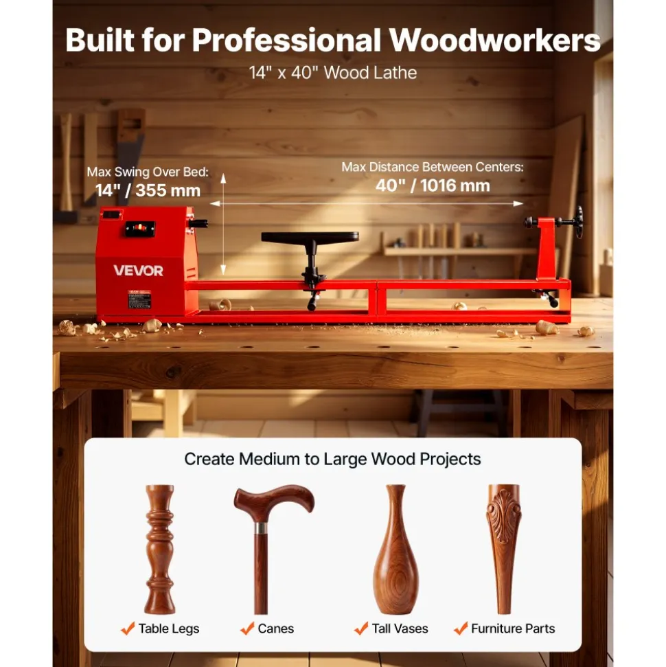 VEVOR Wood Lathe 1/2 HP 14" x 40" Benchtop Wood Lathe Machine 4 Speeds, 930/1500/2050/2500 RPM, with Tool Rest, Wrenches, Faceplate, Heavy Duty, for Beginner Professional Woodworking, Woodturning