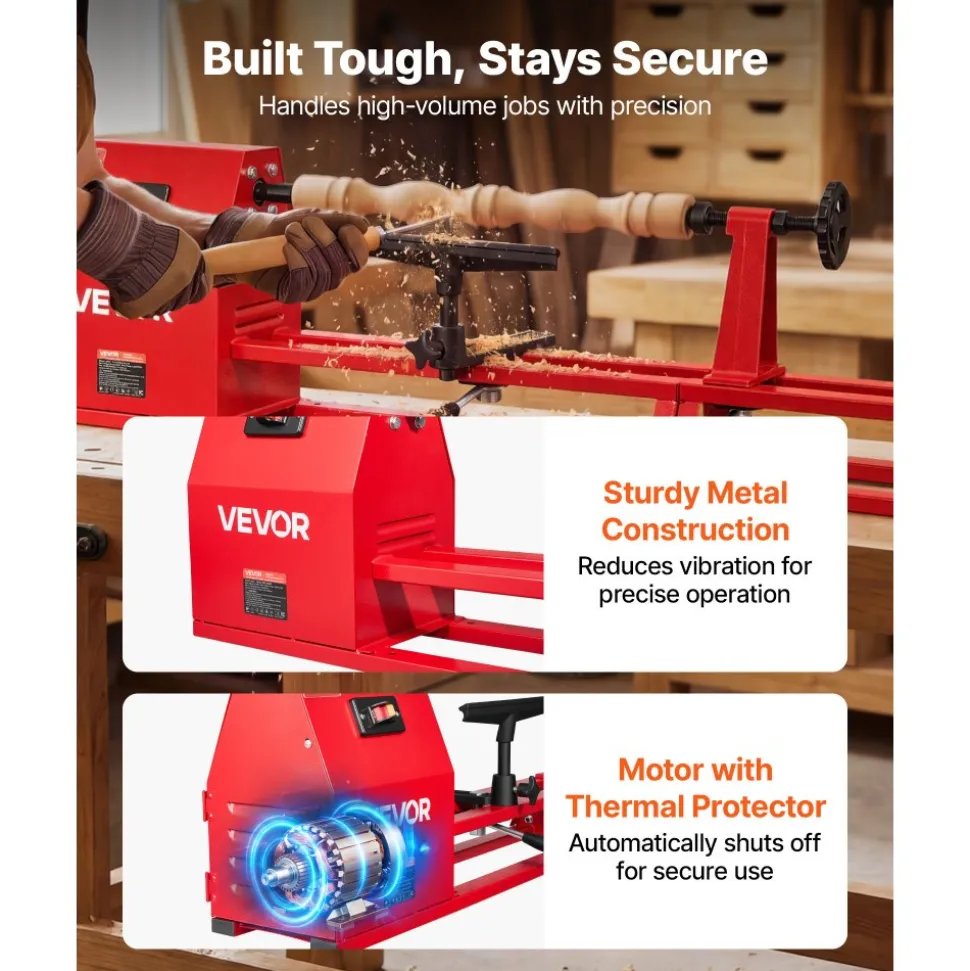 VEVOR Wood Lathe 1/2 HP 14" x 40" Benchtop Wood Lathe Machine 4 Speeds, 930/1500/2050/2500 RPM, with Tool Rest, Wrenches, Faceplate, Heavy Duty, for Beginner Professional Woodworking, Woodturning