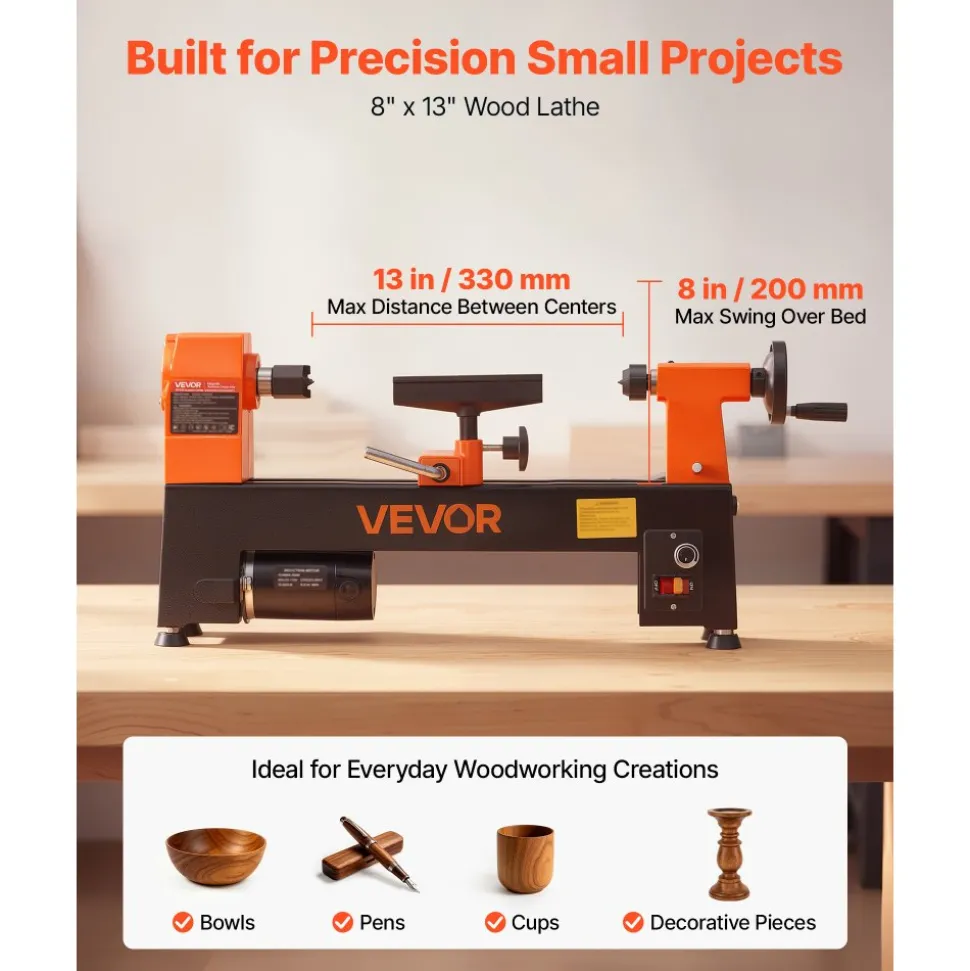 VEVOR Wood Lathe 1/3 HP 8" x 13" Mini Benchtop Wood Lathe Variable Speed, 150 to 3200 RPM, Woodworking Machine with Tool Rest, Wrenches, Feet, for Beginners DIY Enthusiasts Woodworking, Woodturning