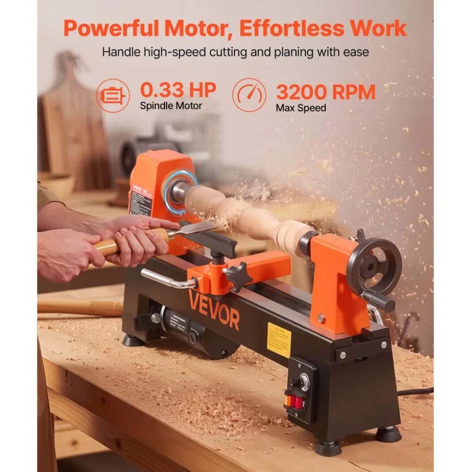 VEVOR Wood Lathe 1/3 HP 8" x 13" Mini Benchtop Wood Lathe Variable Speed, 150 to 3200 RPM, Woodworking Machine with Tool Rest, Wrenches, Feet, for Beginners DIY Enthusiasts Woodworking, Woodturning