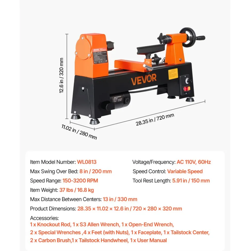 VEVOR Wood Lathe 1/3 HP 8" x 13" Mini Benchtop Wood Lathe Variable Speed, 150 to 3200 RPM, Woodworking Machine with Tool Rest, Wrenches, Feet, for Beginners DIY Enthusiasts Woodworking, Woodturning