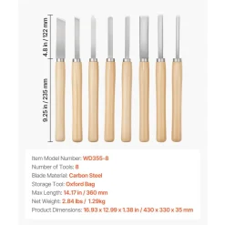 VEVOR Wood Lathe Turning Tool Set, 8PCS, Lathe Chisel Set with Carbon Steel Blade, 2 Skew, 1 Spear Point, 1 Parting, 1 Round Nose, 3 Gouge Tools, 1 Oxford Bag, for Beginners, Hobbyists, Professionals