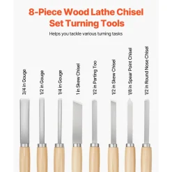 VEVOR Wood Lathe Turning Tool Set, 8PCS, Lathe Chisel Set with Carbon Steel Blade, 2 Skew, 1 Spear Point, 1 Parting, 1 Round Nose, 3 Gouge Tools, 1 Oxford Bag, for Beginners, Hobbyists, Professionals