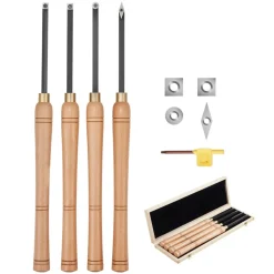 VEVOR Wood Lathe Turning Tool Set, 4PCS, Lathe Roughing Finishing and Detailing Hollow Tool with Wooden Handle, Diamond Round Square Carbide Inserts, Wooden Box, for Beginners Hobbyists Professionals