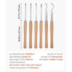 VEVOR Wood Lathe Turning Tool Set, 6PCS, Lathe Roughing, Finishing, Detailing Hollow Tool with Wooden Handle, Diamond Round Square Carbide Inserts, Wooden Box, for Beginners, Hobbyists, Professionals