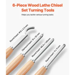 VEVOR Wood Lathe Turning Tool Set, 6PCS, Lathe Roughing, Finishing, Detailing Hollow Tool with Wooden Handle, Diamond Round Square Carbide Inserts, Wooden Box, for Beginners, Hobbyists, Professionals