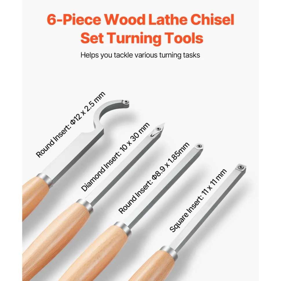 VEVOR Wood Lathe Turning Tool Set, 6PCS, Lathe Roughing, Finishing, Detailing Hollow Tool with Wooden Handle, Diamond Round Square Carbide Inserts, Wooden Box, for Beginners, Hobbyists, Professionals
