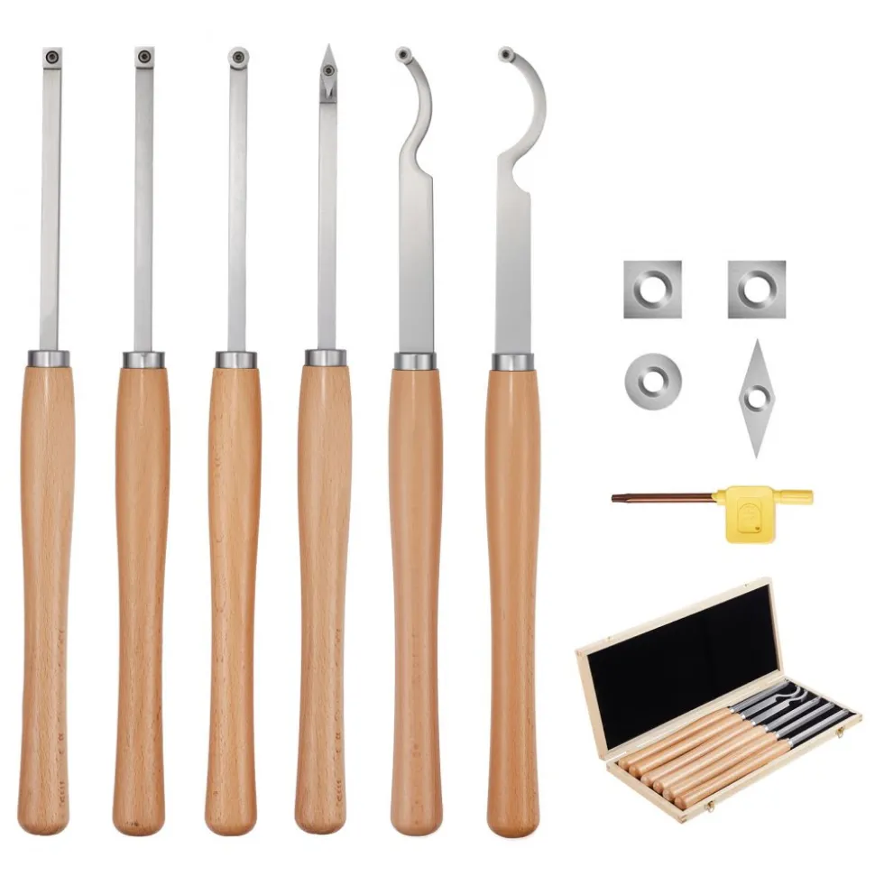 VEVOR Wood Lathe Turning Tool Set, 6PCS, Lathe Roughing, Finishing, Detailing Hollow Tool with Wooden Handle, Diamond Round Square Carbide Inserts, Wooden Box, for Beginners, Hobbyists, Professionals