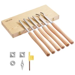 VEVOR Wood Lathe Turning Tool Set, 6PCS, Lathe Roughing, Finishing, Detailing Hollow Tool with Wooden Handle, Diamond Round Square Carbide Inserts, Wooden Box, for Beginners, Hobbyists, Professionals