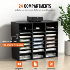 VEVOR Wood Literature Organizer, 24 Compartments, File Sorter with Removable Shelves, Mailboxes Slot for Office Home Classroom Mailrooms Organization, EPA Certified, Black