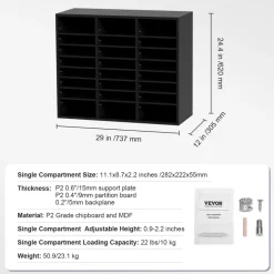 VEVOR Wood Literature Organizer, 24 Compartments, File Sorter with Removable Shelves, Mailboxes Slot for Office Home Classroom Mailrooms Organization, EPA Certified, Black