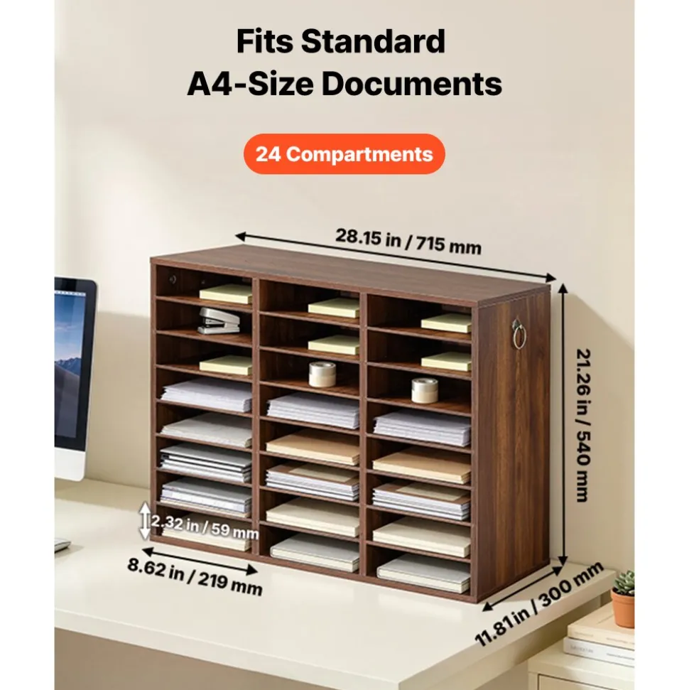 VEVOR Wood Literature Organizer 24 Compartments Office Mailboxes Brown, Countertop Literature Sorter for Files Documents Papers, with Adjustable Shelves, for Office, Home, Classroom Organization