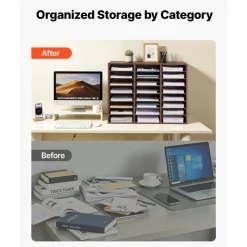 VEVOR Wood Literature Organizer 24 Compartments Office Mailboxes Brown, Countertop Literature Sorter for Files Documents Papers, with Adjustable Shelves, for Office, Home, Classroom Organization