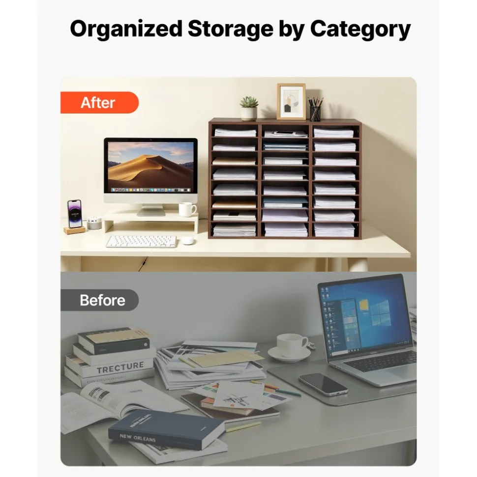 VEVOR Wood Literature Organizer 24 Compartments Office Mailboxes Brown, Countertop Literature Sorter for Files Documents Papers, with Adjustable Shelves, for Office, Home, Classroom Organization
