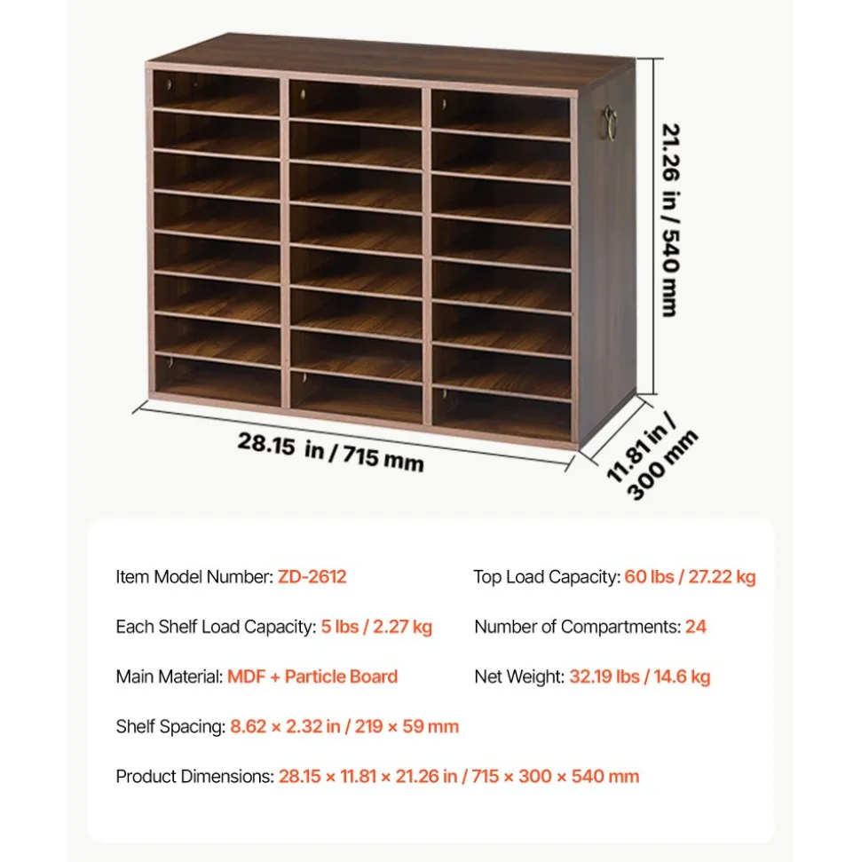 VEVOR Wood Literature Organizer 24 Compartments Office Mailboxes Brown, Countertop Literature Sorter for Files Documents Papers, with Adjustable Shelves, for Office, Home, Classroom Organization