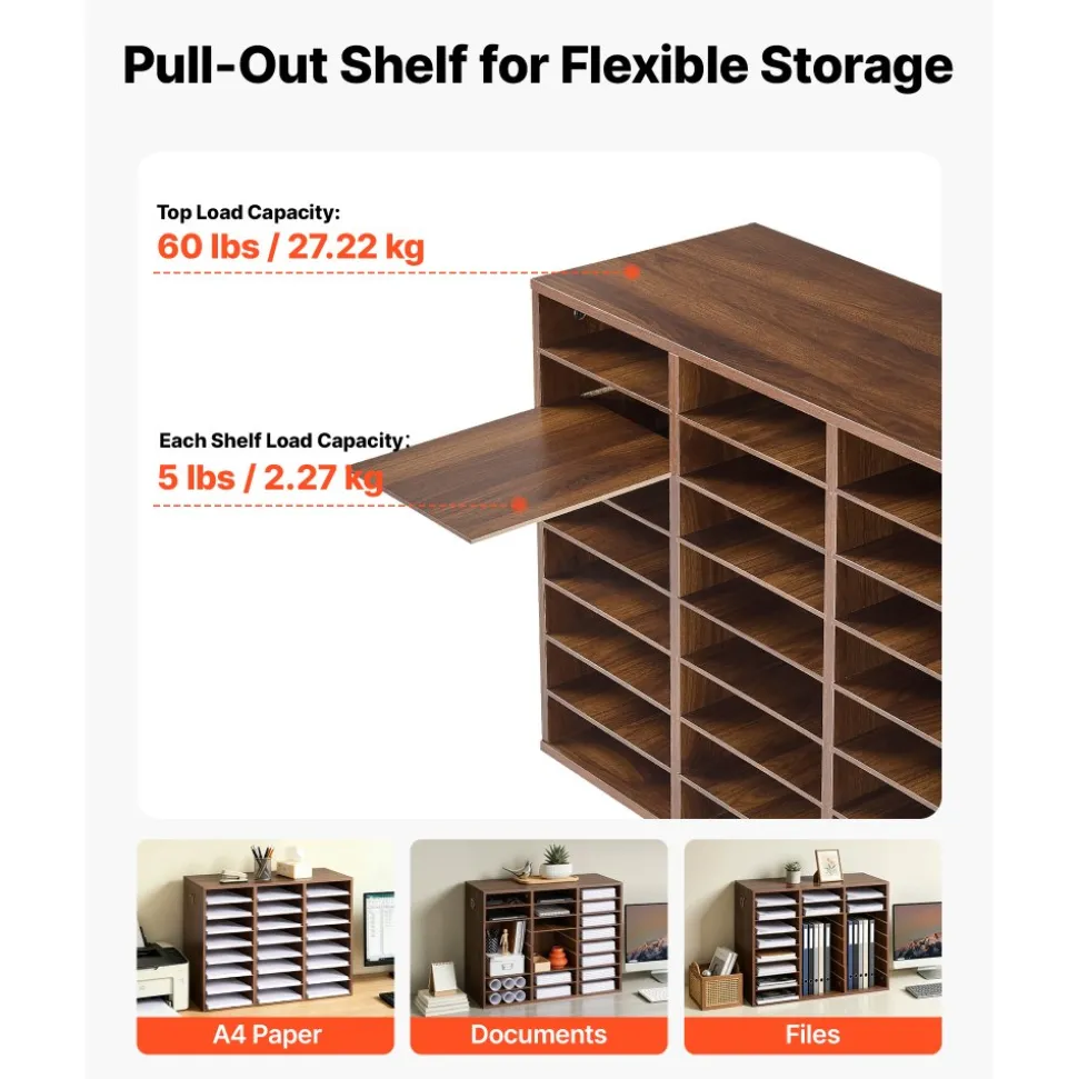 VEVOR Wood Literature Organizer 24 Compartments Office Mailboxes Brown, Countertop Literature Sorter for Files Documents Papers, with Adjustable Shelves, for Office, Home, Classroom Organization