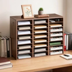 VEVOR Wood Literature Organizer 24 Compartments Office Mailboxes Brown, Countertop Literature Sorter for Files Documents Papers, with Adjustable Shelves, for Office, Home, Classroom Organization