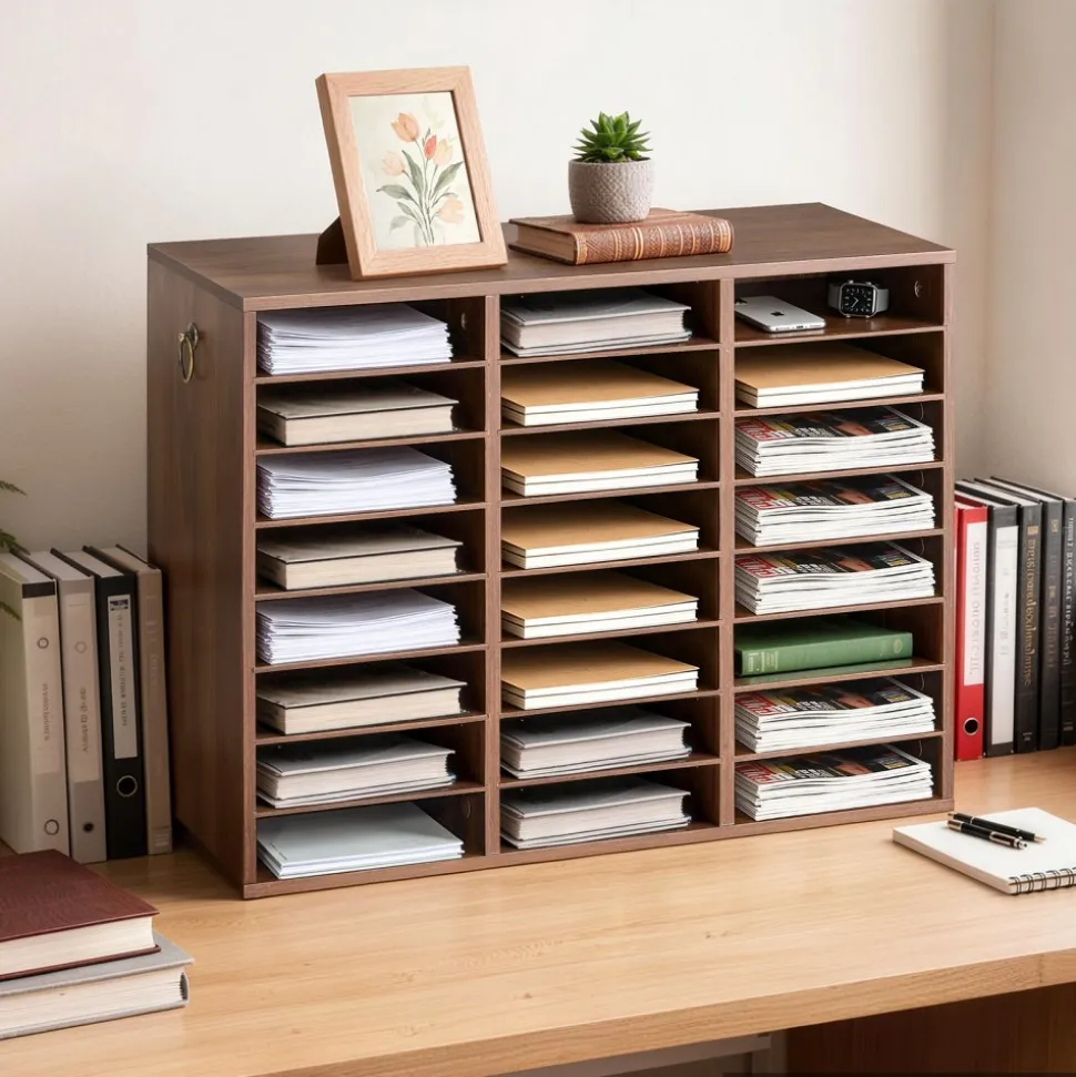 VEVOR Wood Literature Organizer 24 Compartments Office Mailboxes Brown, Countertop Literature Sorter for Files Documents Papers, with Adjustable Shelves, for Office, Home, Classroom Organization