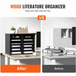 VEVOR Wood Literature Organizer, 12 Compartments, File Sorter with Removable Shelves, Mailboxes Slot for Office Home Classroom Mailrooms Organization, EPA Certified, Black