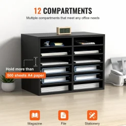 VEVOR Wood Literature Organizer, 12 Compartments, File Sorter with Removable Shelves, Mailboxes Slot for Office Home Classroom Mailrooms Organization, EPA Certified, Black