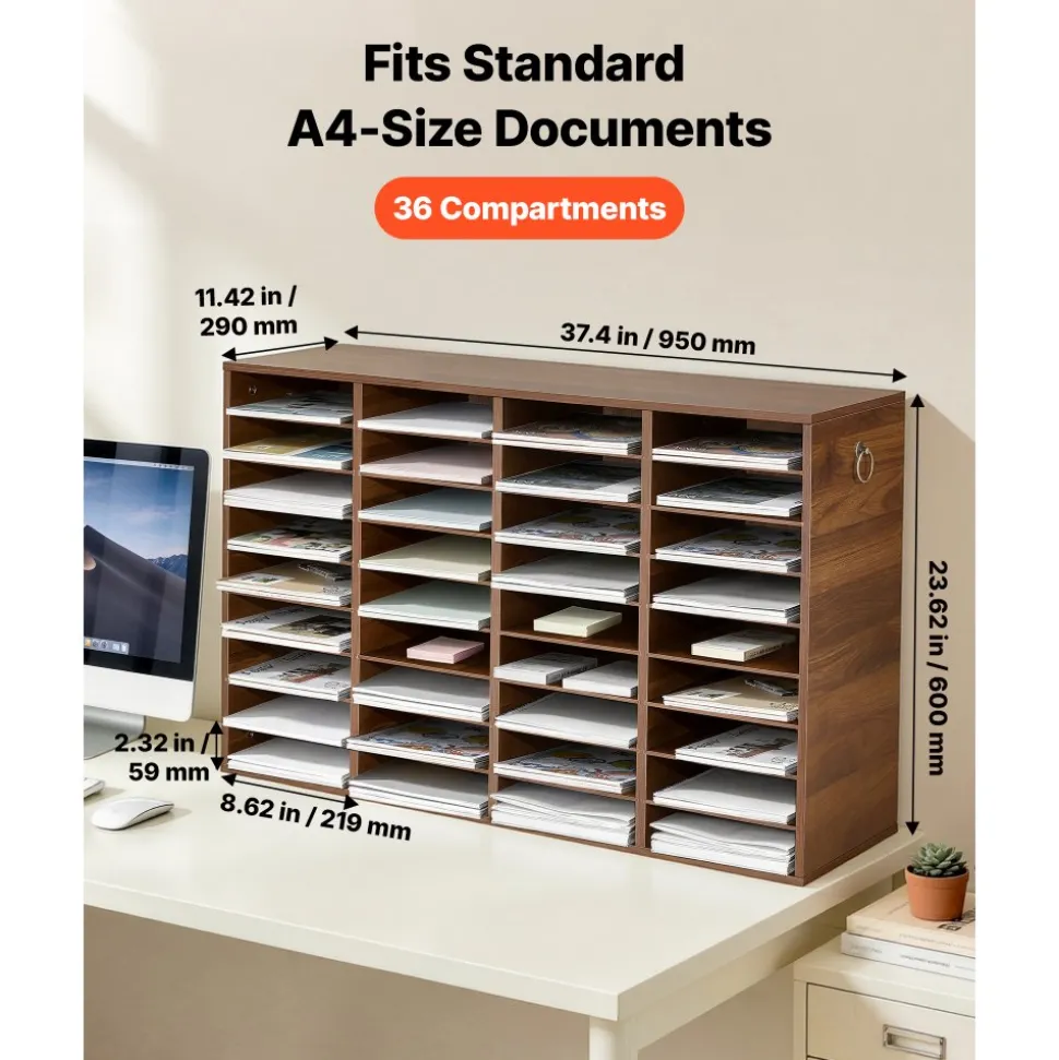 VEVOR Wood Literature Organizer 36 Compartments Office Mailboxes Brown, Countertop Literature Sorter for Files Documents Papers, with Adjustable Shelves, for Office, Home, Classroom Organization