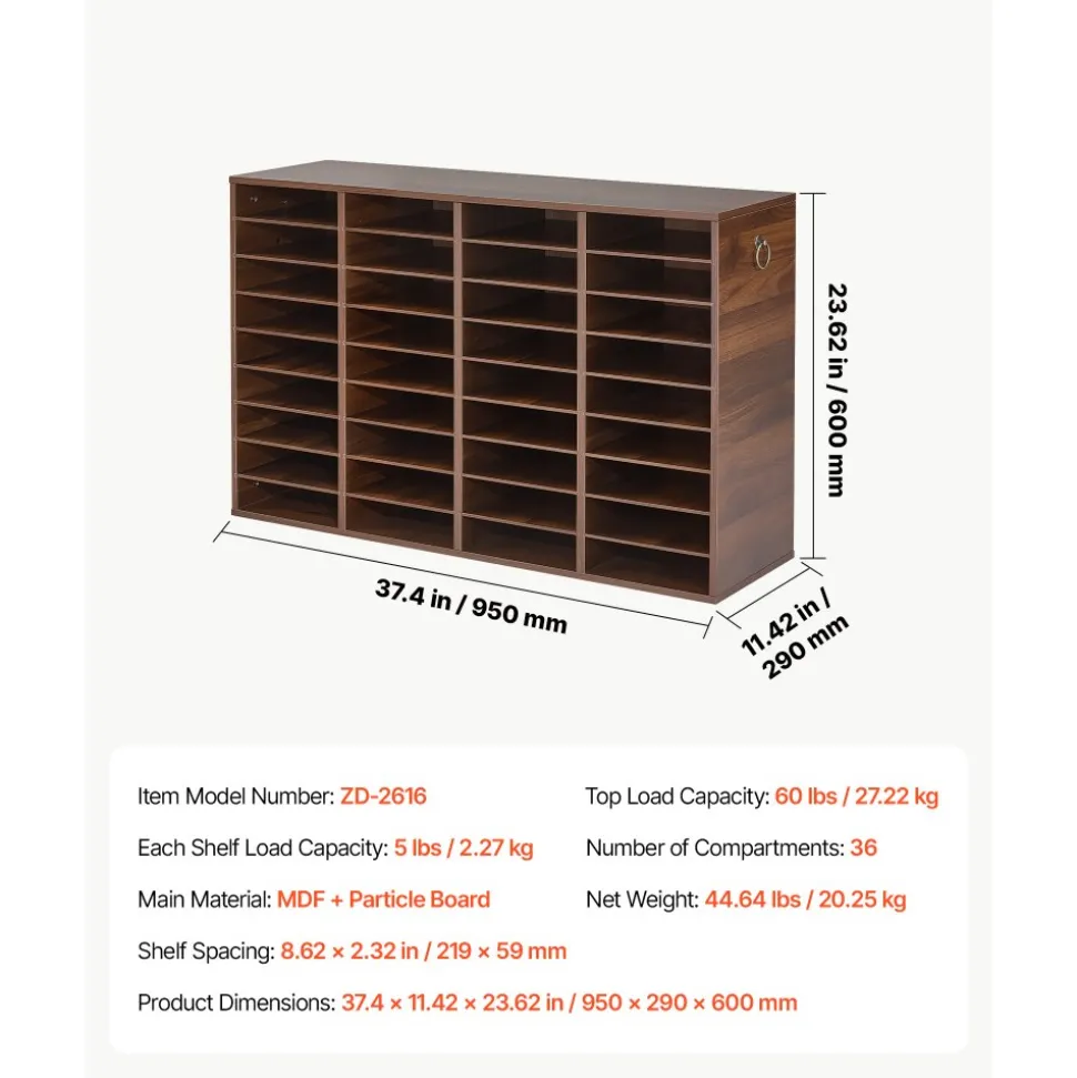 VEVOR Wood Literature Organizer 36 Compartments Office Mailboxes Brown, Countertop Literature Sorter for Files Documents Papers, with Adjustable Shelves, for Office, Home, Classroom Organization
