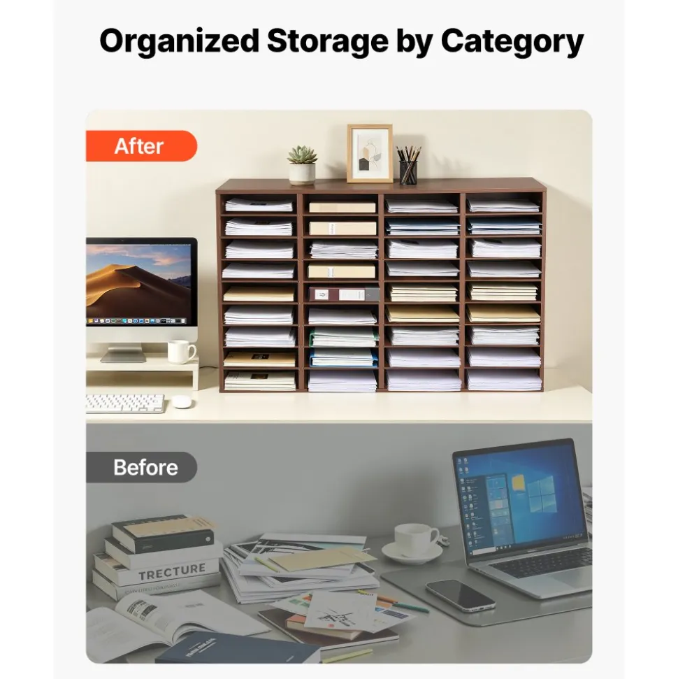 VEVOR Wood Literature Organizer 36 Compartments Office Mailboxes Brown, Countertop Literature Sorter for Files Documents Papers, with Adjustable Shelves, for Office, Home, Classroom Organization